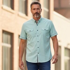 7‎ Diamonds Mens 3XL Mint Green Textured Short Sleeve Button Down Shirt Stretch